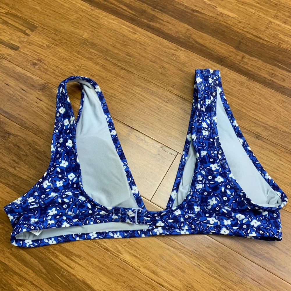 Aerie Scoop Bikini Top‎ Blue White Floral Print Swimwear Summer Beach Size Large